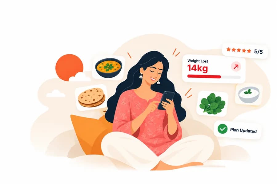 Indian woman reviewing her personalized niwi.ai nutrition plan on phone